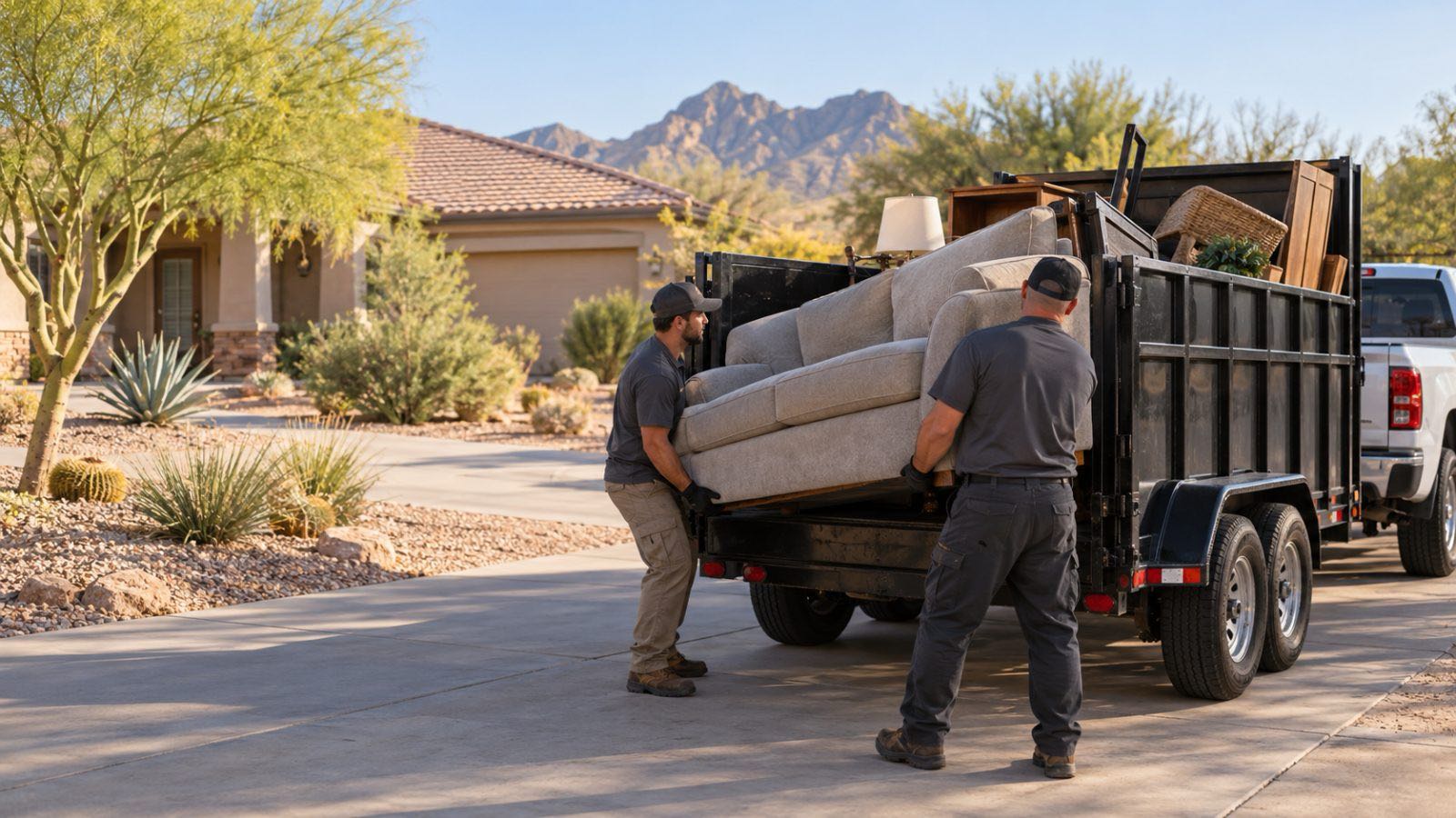 Two workers loading a gray sofa onto a utility trailer in a driveway